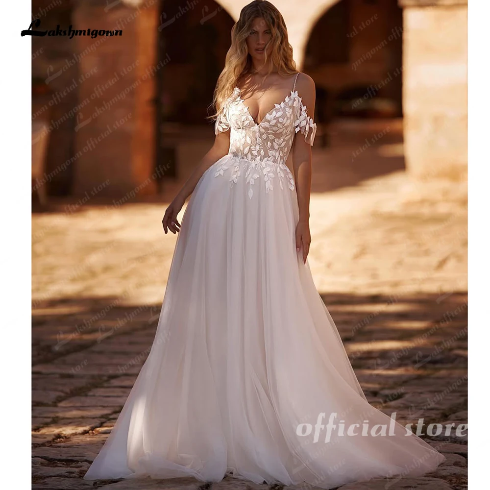 Lakshmigown Schickes Spitzen-Boho-Hochzeitskleid, sexy Spaghettiträger, Märchenhaftes Bohemian-Brautkleid, A-Linie, bodenlang, Tüll, maßgeschneidert – Detail 5