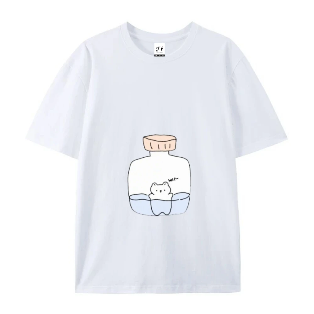 Klasyczna damska koszulka z krótkim rękawem, uroczy graficzny nadruk misia w butelce, luźny krój do noszenia na co dzień, Y2K, uroczy styl, niezbędna na co dzień.