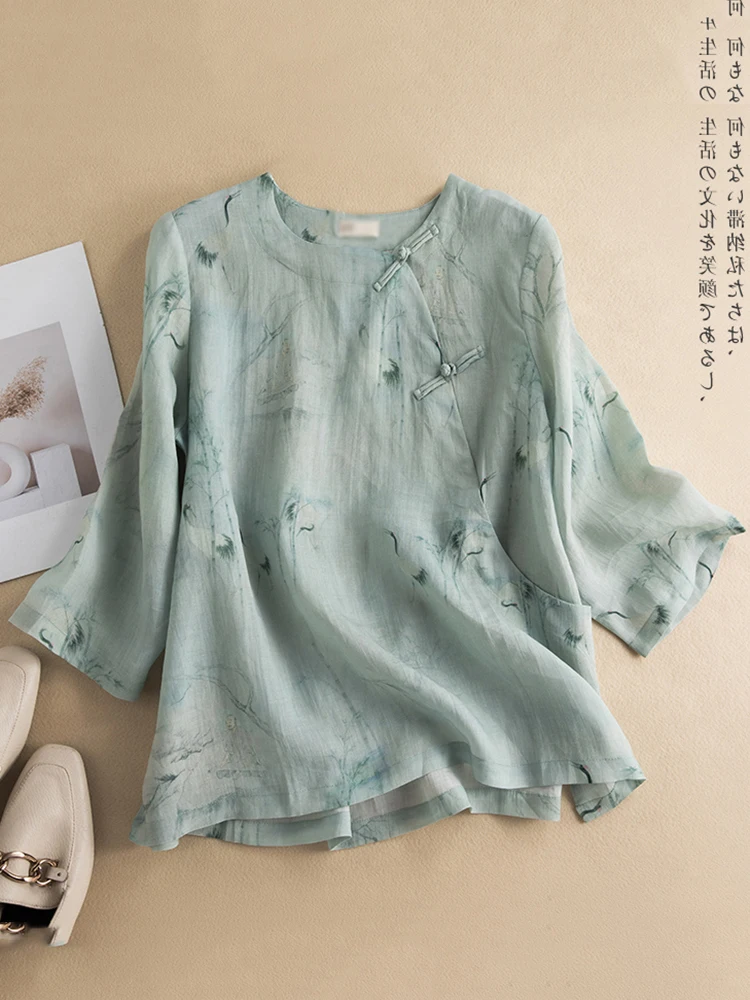 Camicetta da donna di grandi dimensioni in cotone e lino retrò cinese con bottoni e stampa, vestibilità ampia, per la mamma