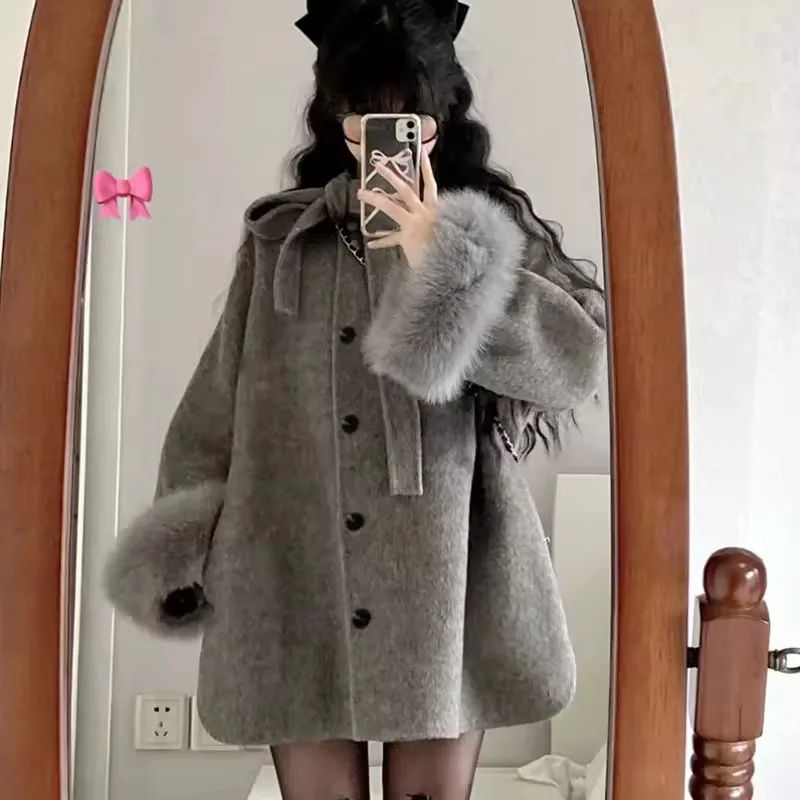 

Women Gray Woolen Coats Fall Winter Bow Casual Sweet Plush Patchwork Outwear Vintage Harajuku Long Sleeve Button Loose Cape Coat