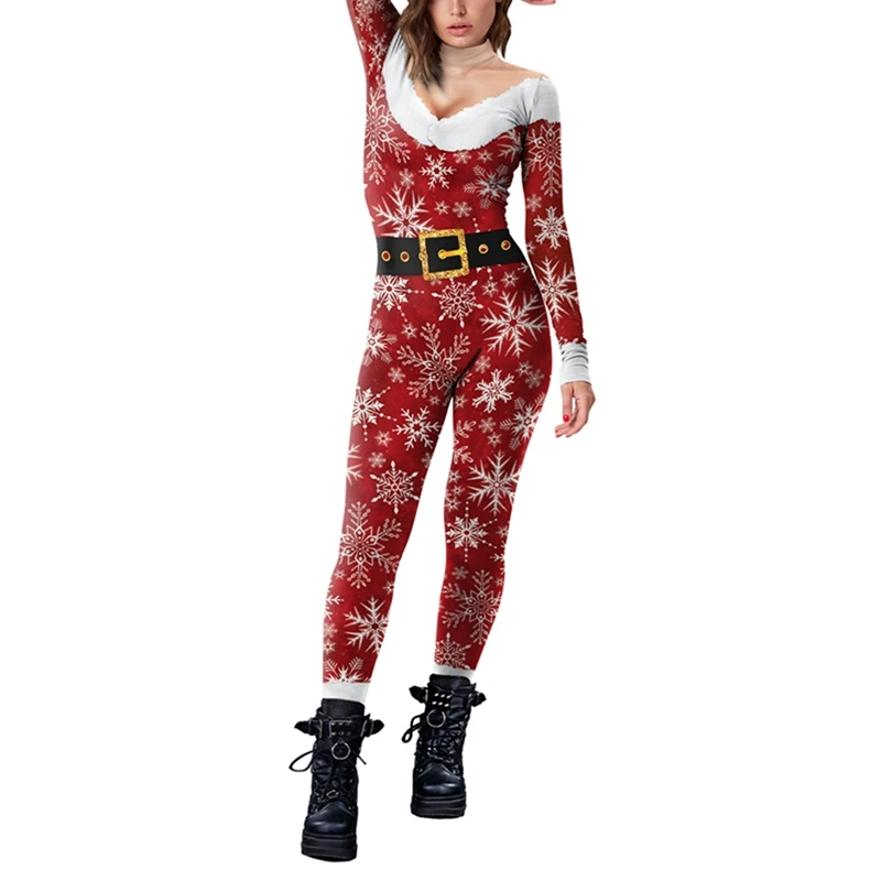 Women Men Christmas Jumpsuit Snowflake Print Bodycon Long Sleeve High Neck Bodysuit Costume