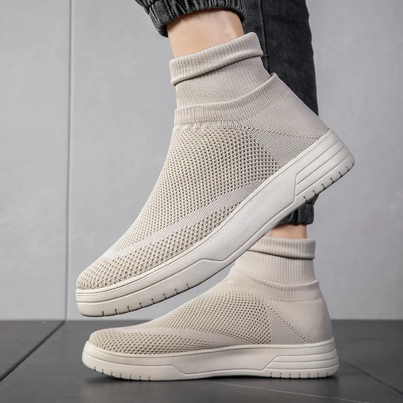 New Couple High Top Sock Shoes Men Women Woven Mesh Breathable Sneakers Thick Sole Platform Slip on Casual Footwear Comfortable