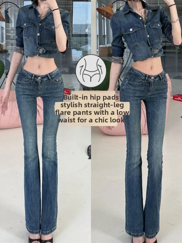 

Low Waist Bell Bot Denim Jeans Women's Autumn New Sle Deep Blue Slimming Long Pants with Hip Padding Retro Flared Jeans