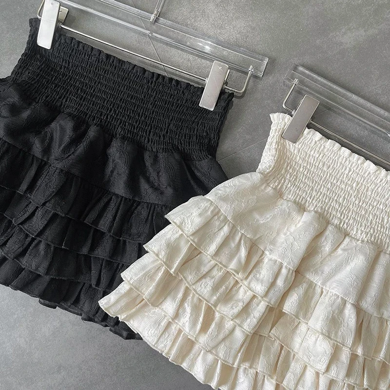 Y2K Women Black White Vintage Korean Japanese Ruffles Mini Pleated Skirts Kawaii Aesthetic High Waist A-line Skirt Alt Clothes