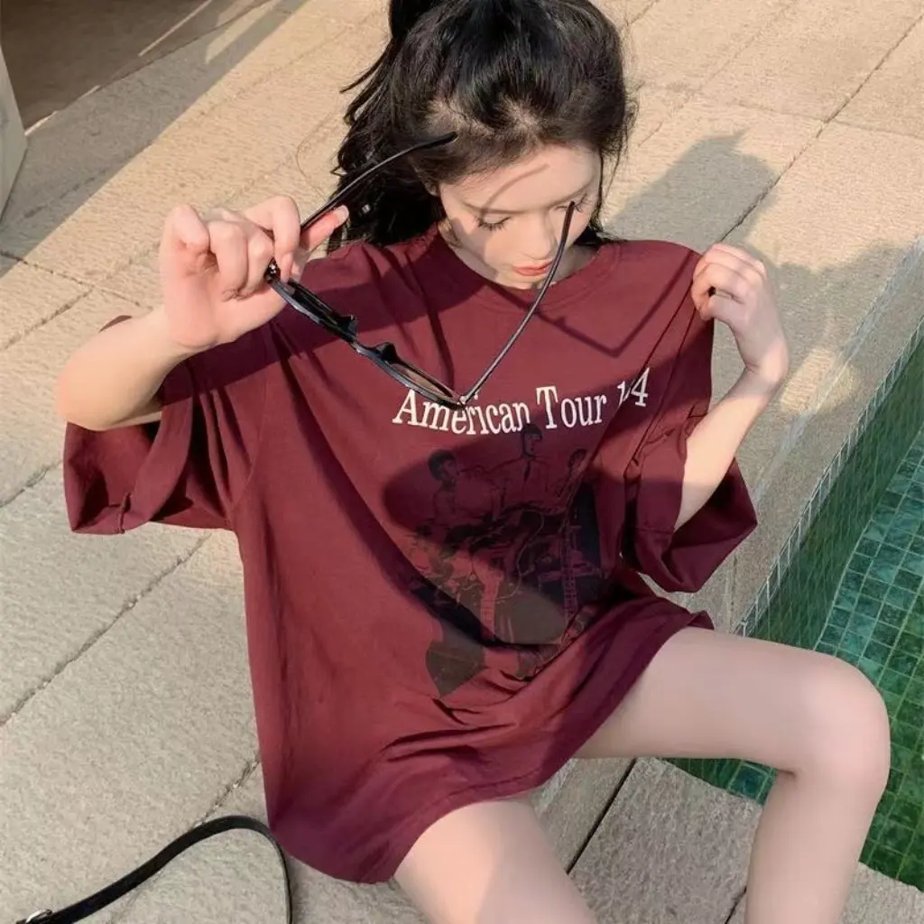 

Women's American Retro Loose T-Shirt Mid-Length Short-Sleeved Summer Fashion Niche Bottoms Covering Top