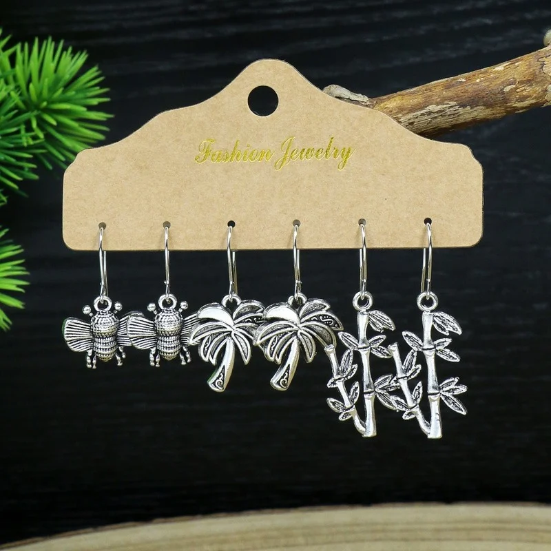 3 Pairs Ancient Silver Color Earrings Set for Women Vintage Bamboo Moon Leaves Shape Alloy Indian Earrings Ethnic Boho Jewelry