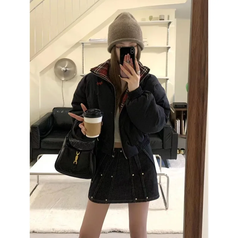 Women's Cotton-padded Coat New Winter Short Solid Color Versatile Reversible Plaid Double-sided Black and Red Plaid Outerwear