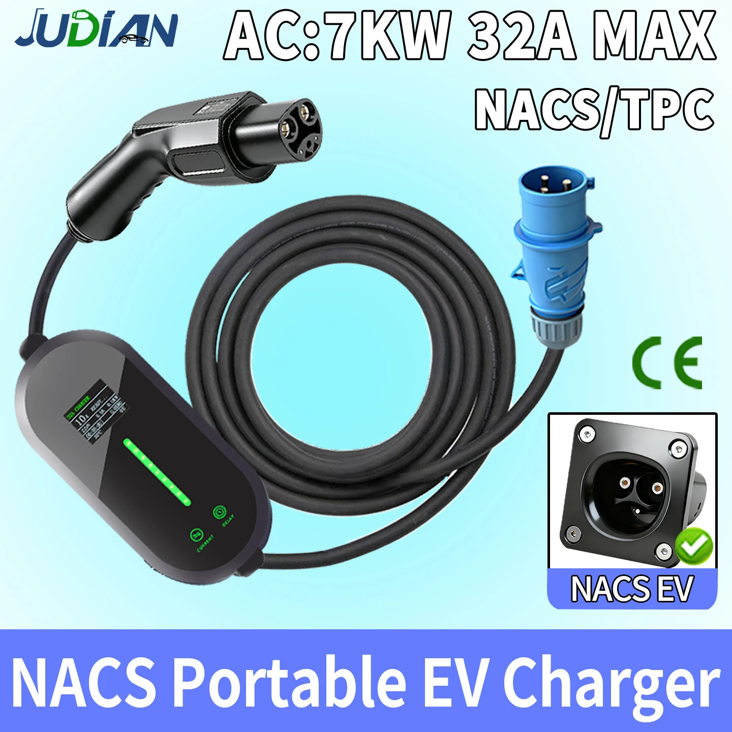 Portable NACS EV Charger 7kW 32A Adjustable Current for Tesla Schuko or NEMA 6‑20 CEE Plug, 5M Cable