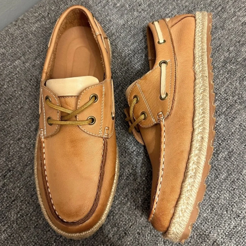 QHCCID 남성용 레트로 수제 캐주얼 신발 천연 가죽 통기성 부드러운 소가죽 보트 피셔맨 슈즈