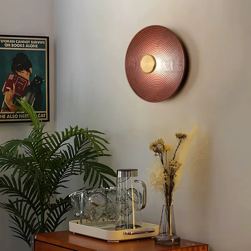 Solid Wood Circular Wall Lamp with Antique Style Bedroom Bedside Hallway Staircase LED Wall Lights Atmosphere Living Dining Room