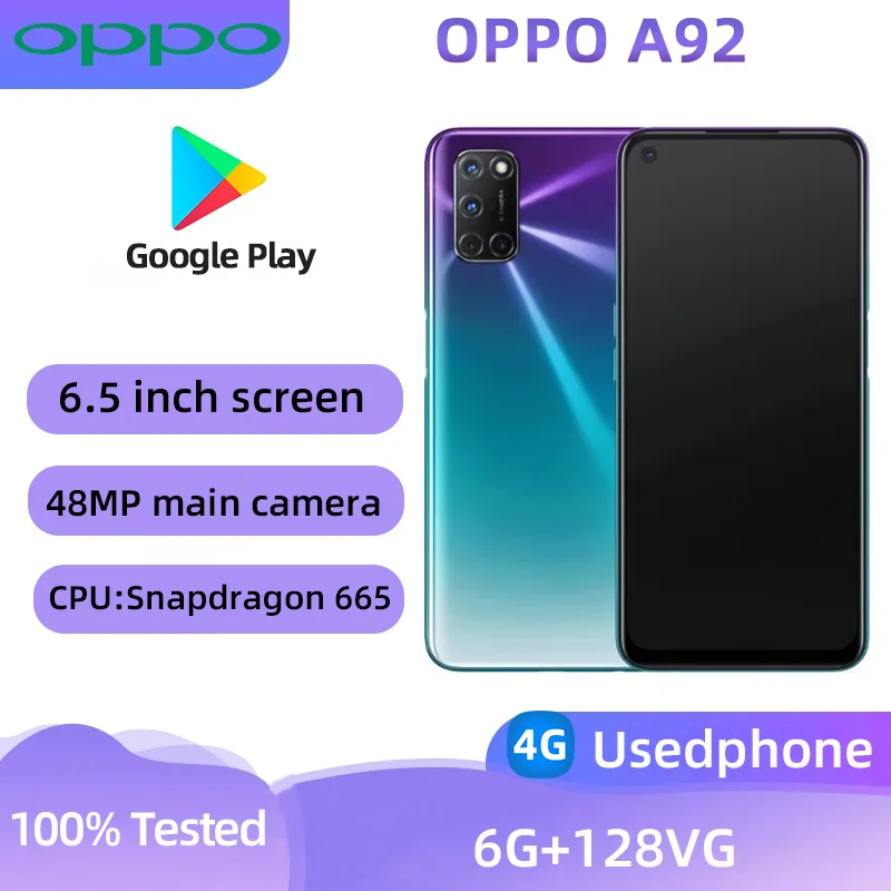 OPPO A92 4g Smartphone Android CPU Snapdragon 665 6.5-Inches Screen  RAM 6G ROM 128G 5000mAh Battery Used Phone