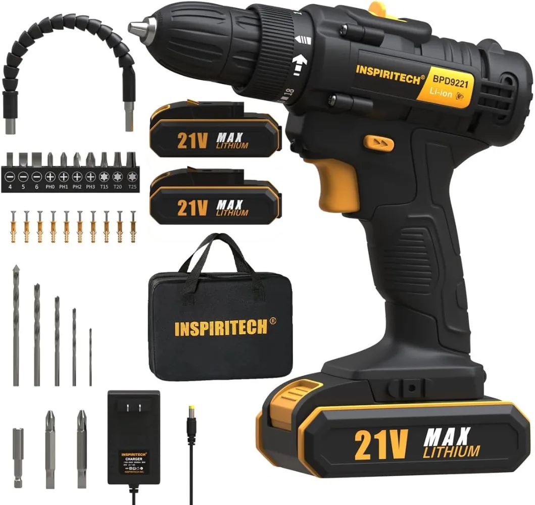 

21V Cordless Drill with 2 Batteries and Charger,2 Variable Speed Electric Drill Driver, 19 Torque Setting with Drill/Driver Bits