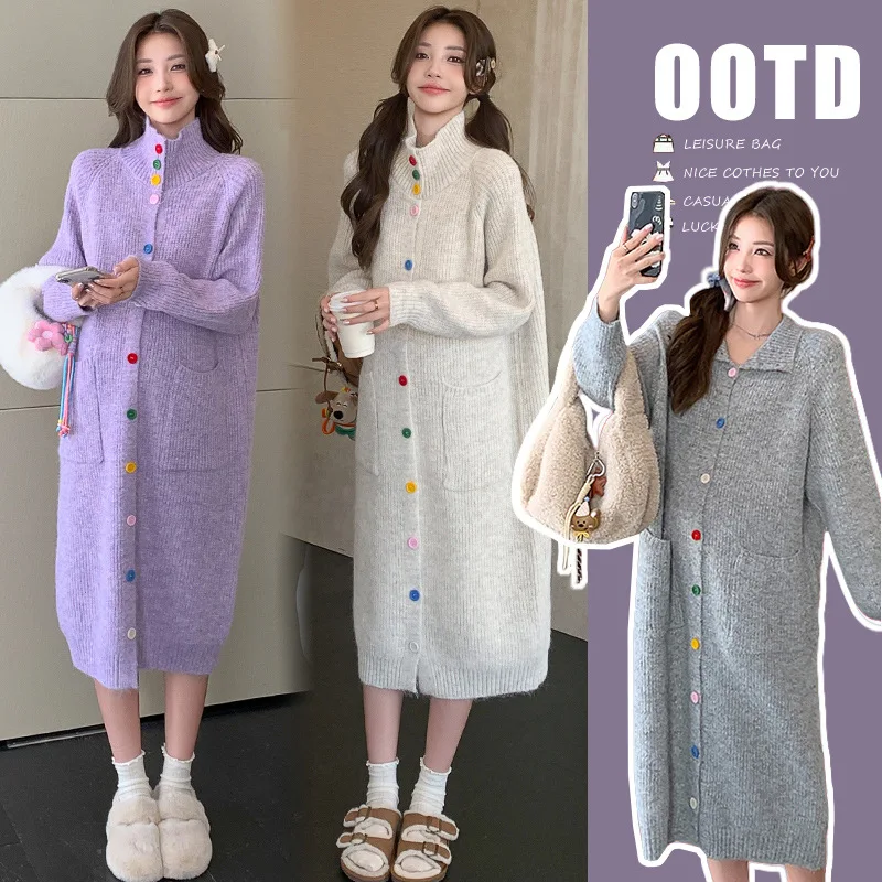 maternity-dress-2025-autumn-winter-new-style-korean-version-loose-casual-soft-contrast-color-button-stand-collar-knitted-dress