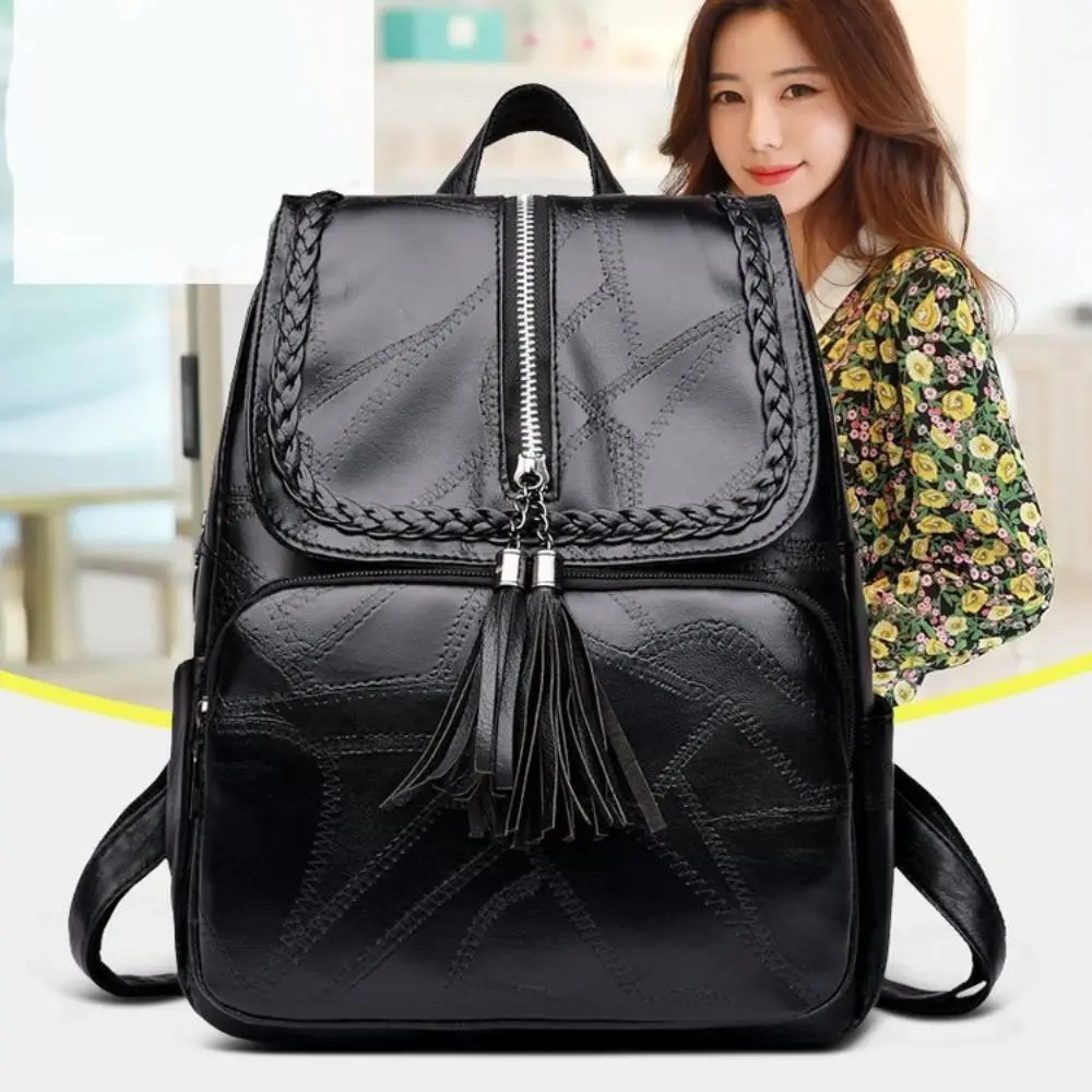 Sweet PU PU Mom Backpack Small Pack Solid Color Solid Color Shoulder Bag Tassel Zipper Handbag Retro Backpack Students