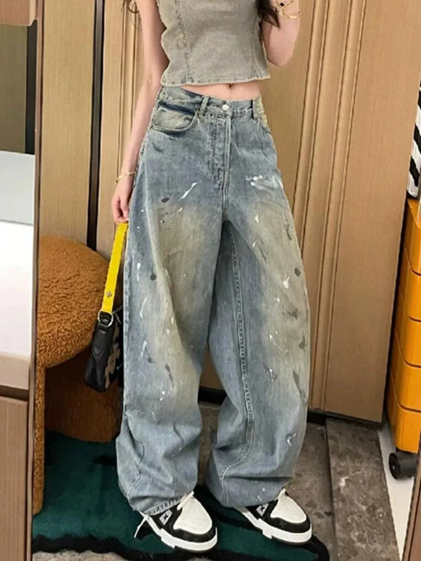 American Style High Waist Wide Leg Jeans Women's Loose Drapey Ink Splashed Straight Leg Denim Summer Casual Wear Resistant