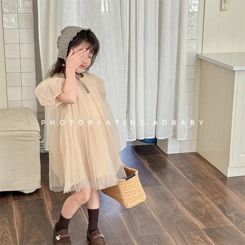 2024 Summer New Children Short Sleeve Dress Cute Baby Girl Solid Ball Gown Toddler Pettiskirt Kids Fashion Princess Gauze Dress