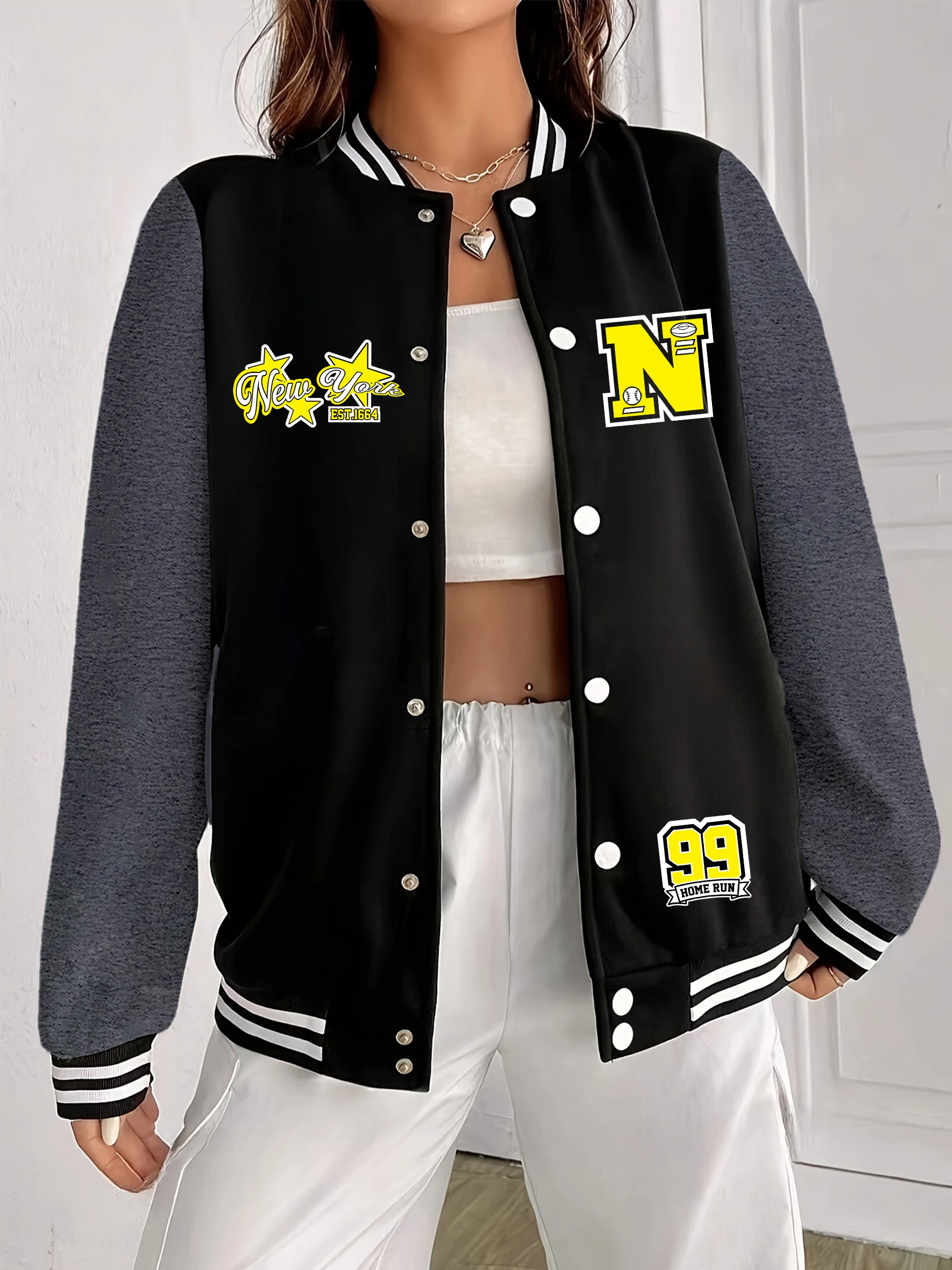 

Shining Star New York City Prints Women Jackets Button Casual Baseball Uniform Fleece Loose Clothes Autumn Vintage Sportswear