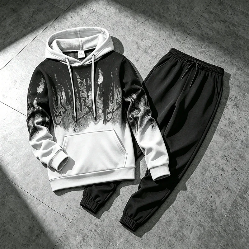 Autumn Winter Men's Hoodies Tracksuit Casual Splashed ink Sweatshirts Outdoors Sports Jogging Clothing Street Single Tops Pants