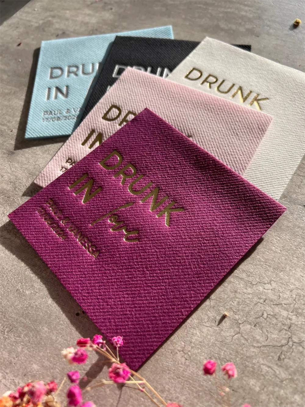 50PCS Personalized cocktail Napkins wedding, soft linen like, airlaid Custom wedding Napkins, Cheers nakpins, Drunk in love napk