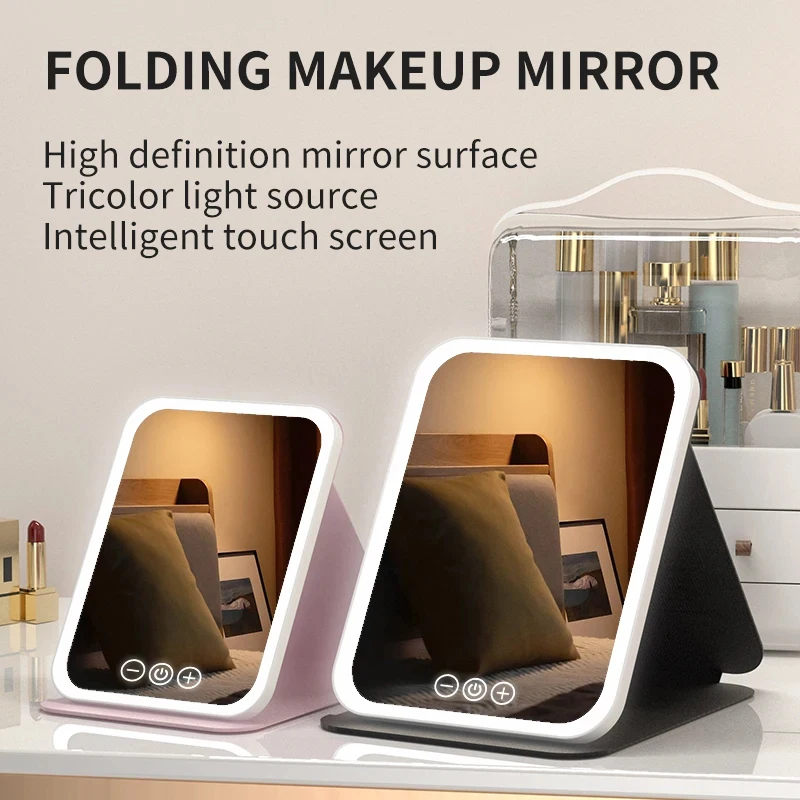 

3 Colors Dimmable LED Makeup Mirror with Touch Screen Fold Cosmetic Makeup Mirror Rechargeable Tabletop for Travel & Home Use