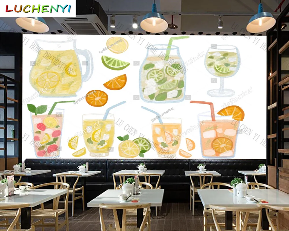 Custom fruit tea juice mural wallpaper restaurant healthy cold drinking shop dining room wall papers home decor sticker