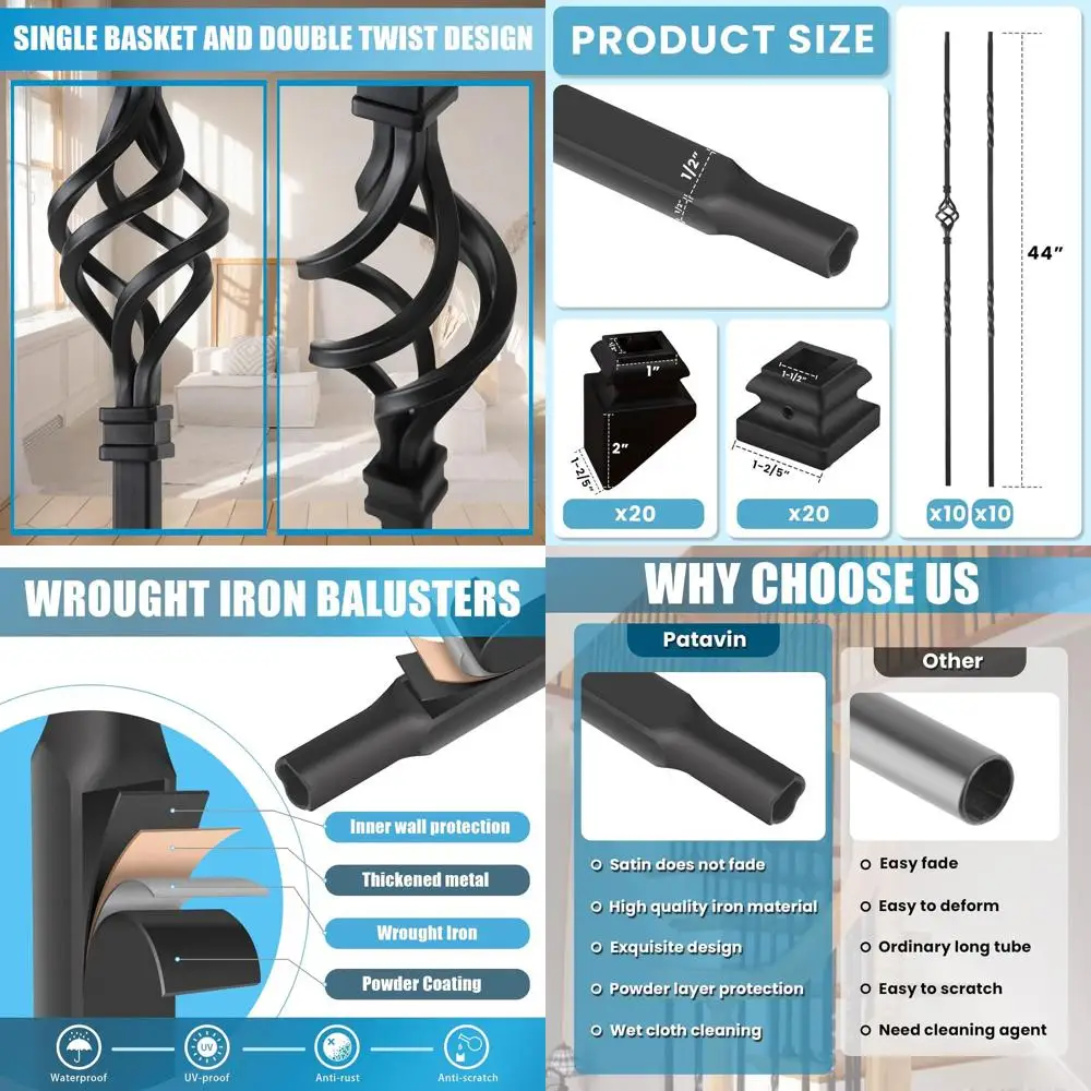 

20 Pack Staircase Iron Balusters - 1/2 Hollow Square Metal Spindles with Single and Double Basket Design, Lat & Angle Shoes Incl