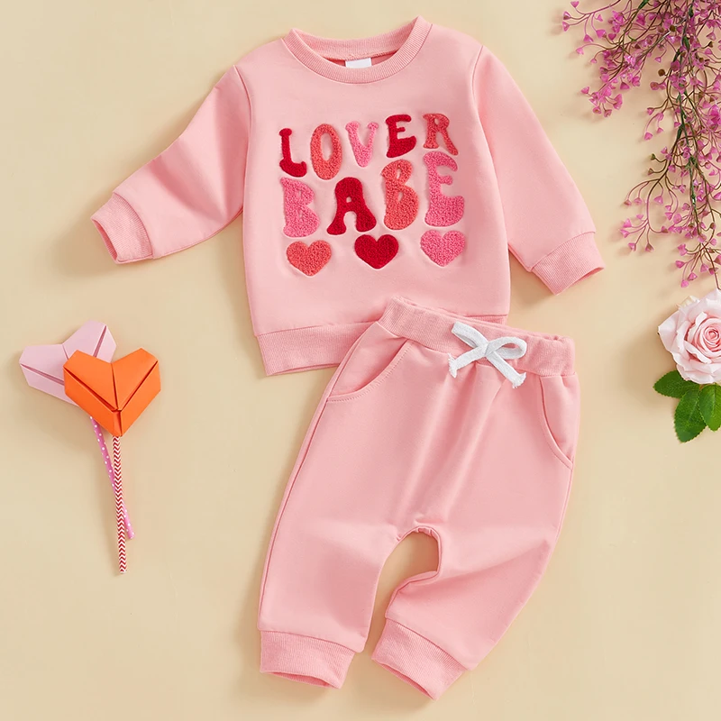 Conjuntos de San Valentín para niñas pequeñas, sudadera de manga larga con bordado de letras y pantalones elásticos, conjunto de ropa bonita para bebés