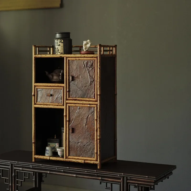 

Bamboo cup holder, retro Zen tea cabinet, cabinet door drawer, tea set storage cabinet