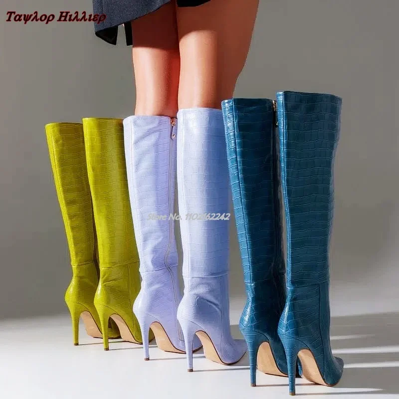 

Autumn Solid Color Stone Pattern Knee-High Women'S Boots Pointed Toe Stiletto Side Zipper Boots Banquet Party Fashion Boots 46