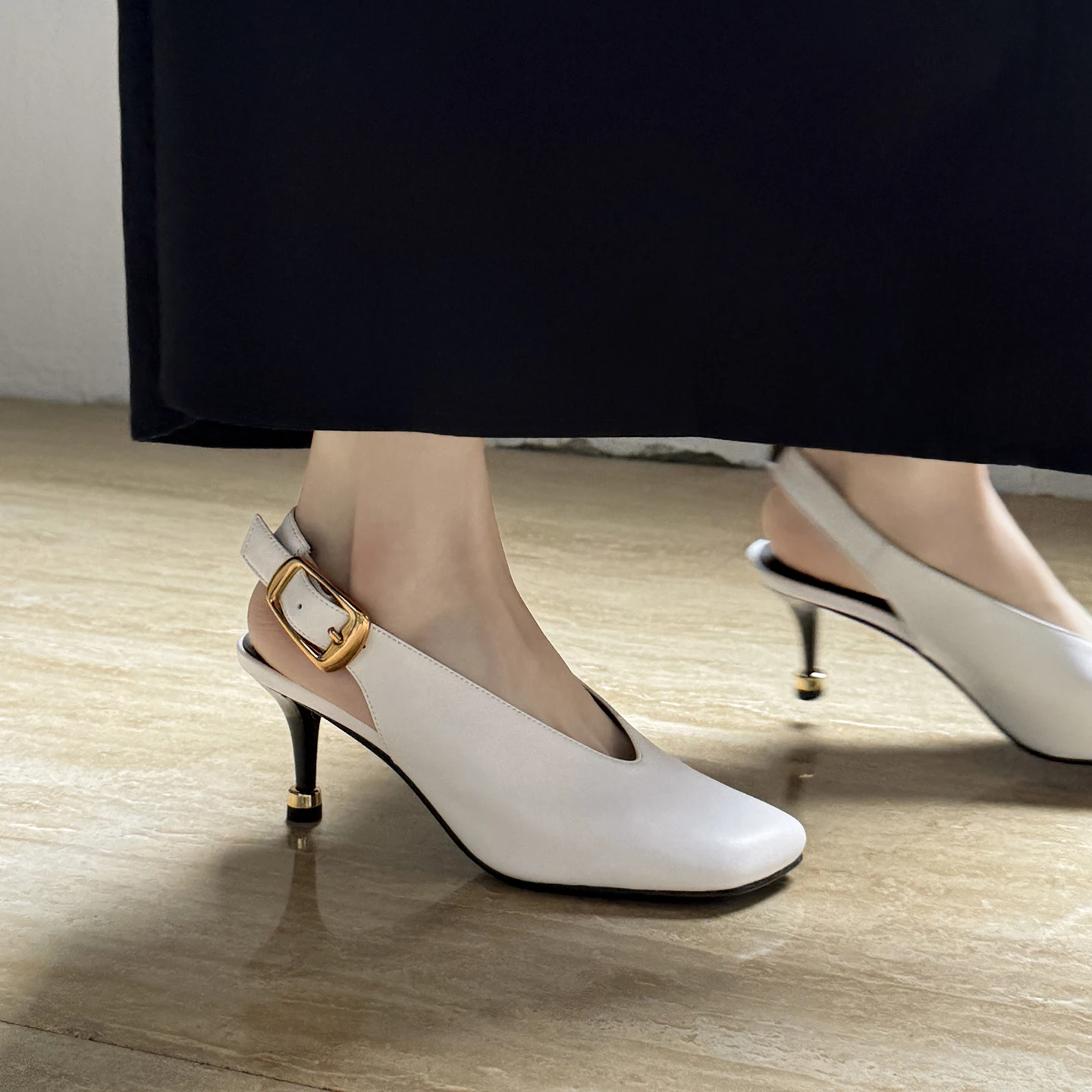 Women's Genuine Leather Slingback High Heel Pumps - Square Toe