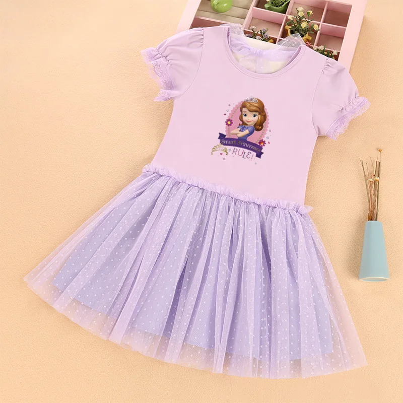 2024  Girls\' Dress Sofia Princess Dress Girls\' Dress Baby Summer Cartoon Pattern Lace Sleeve Dress Casual Cotton Children\'s Wear