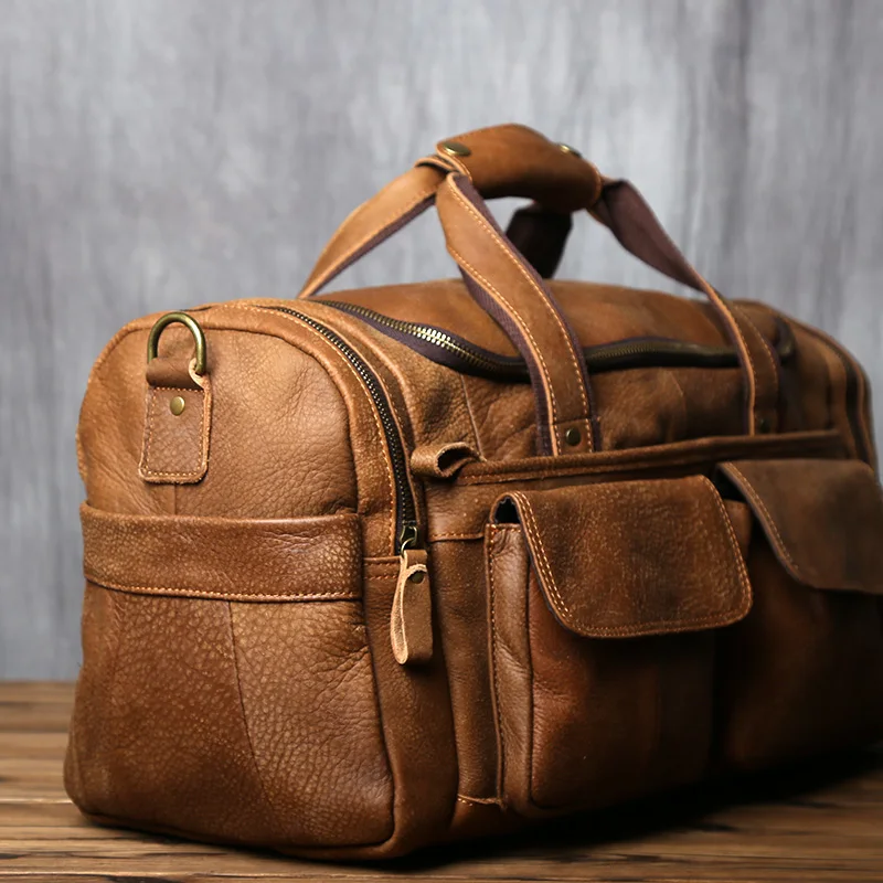 NZPJ Retro Herren Handgepäcktasche Leder Reisetasche Oberschicht Rindsleder Große Kapazität One Shoulder Messenger Bag Lässiger Laptop – Detail 9