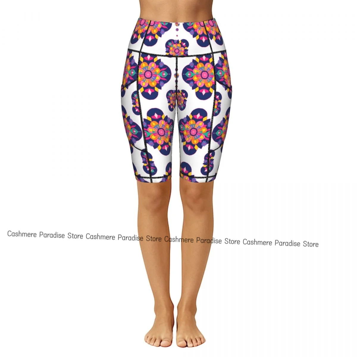 Double Pocket Sports Shorts Women Elastic Slim Indian Pattern Shorts Gym Exercise Running High Waist Yoga Fitness Shorts