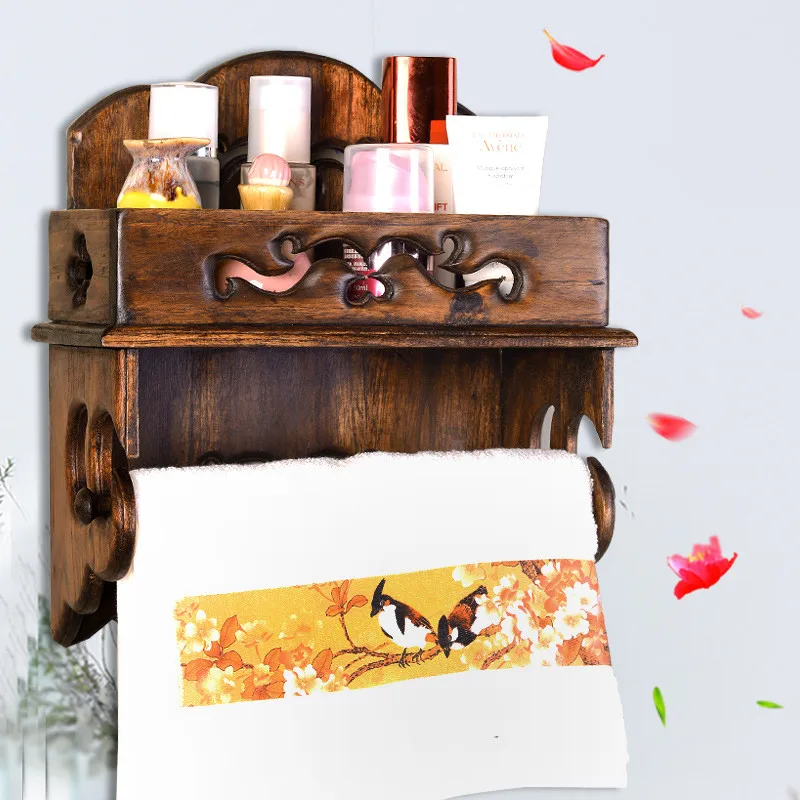 Solid Wood Paper Towel Rack Roll Holder Vintage Bathroom Tissue Box Mobile Phone Cosmetics Shelf Toilet Handmade