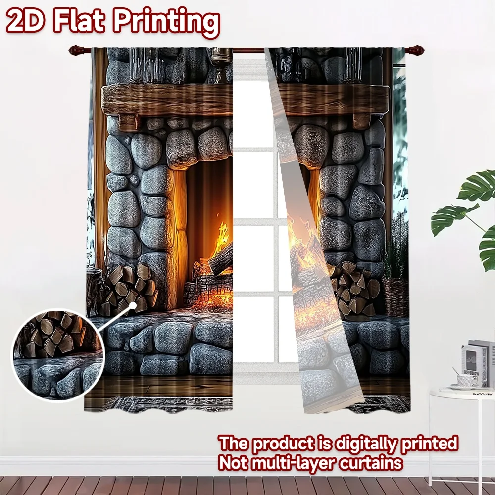 2D flat 2pcs Curtain French Romantic Style Rustic Stone Fireplace Durable polyester fiber Birthday Party for Booths Studio