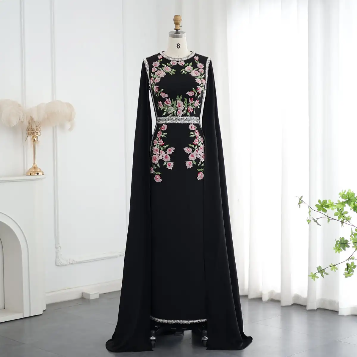 Luxury Embroidered Beaded Black Evening Dress With Cape Sleeves Dubai Women Wedding Party Gowns LSZ487