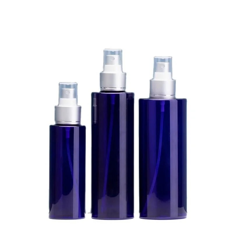 

10pcs Fine Mist Spray Bottle PET 100/200/250ml Plastic Blue Perfume Sprayer Matte Silver Ring Cosmetic Toner Water Spray Bottles