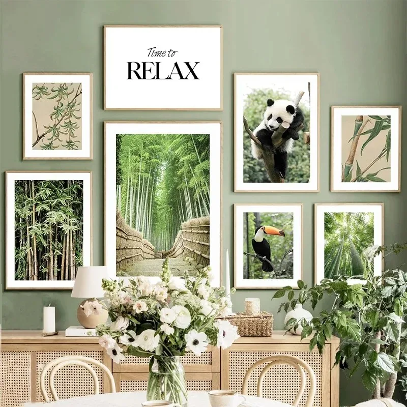 Nordic Printed Canvas Painting Children's Room Decor Bamboo Forest Panda Toucan Poster Plant Art Picture Home Decoration Mural