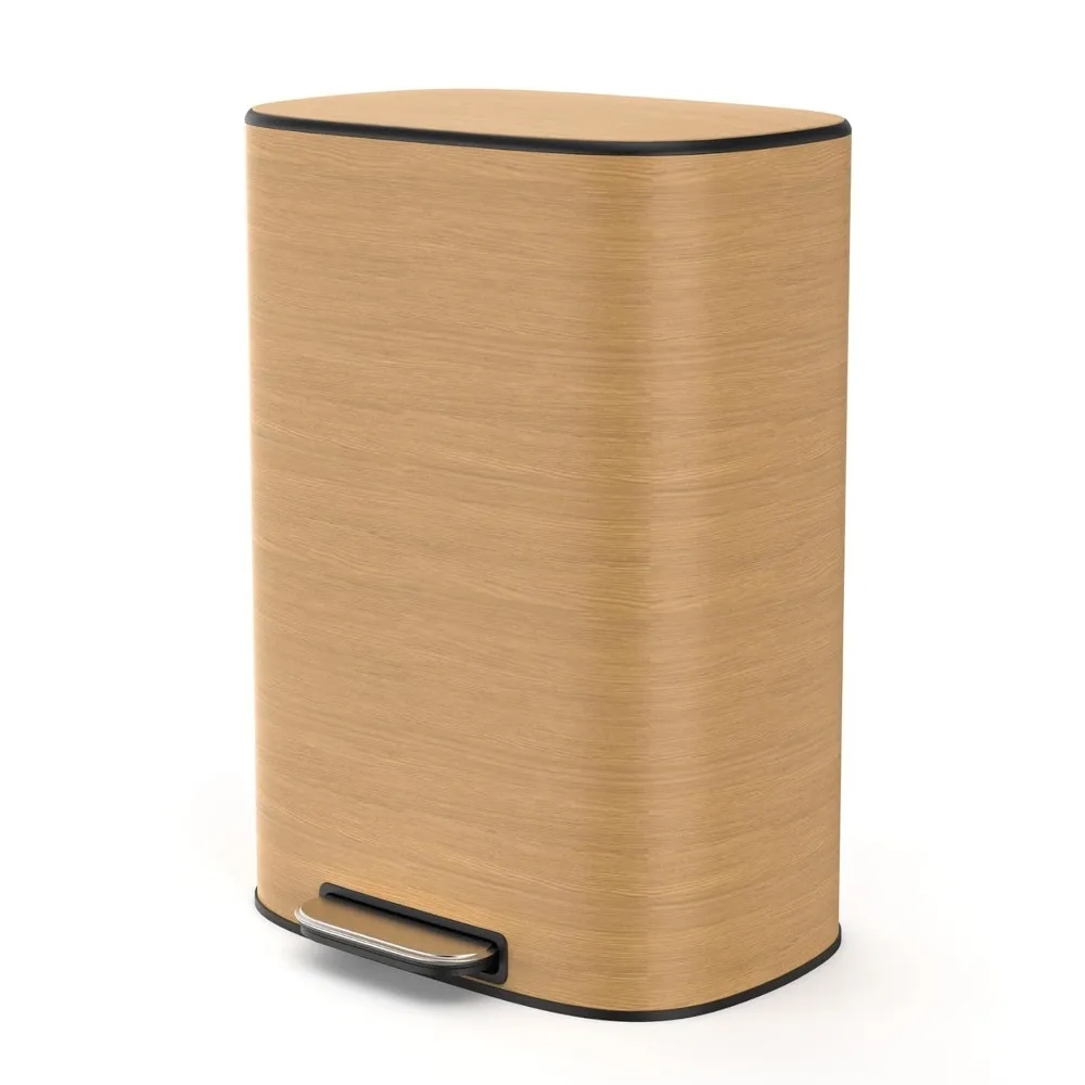 

Wood Color 13 Gallon Stainless Steel Foot Pedal Large Trash Can with Soft Close Quiet Lid, Stainless Steel Thickened Body Oval G