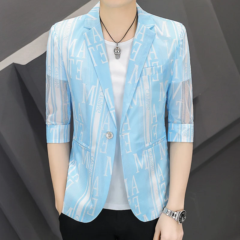 

Retro Ins Sle Men's Slim Fit Suit Jaet Summer Casual Seven Sve Pad oulder High Quali Street Sle West Coat