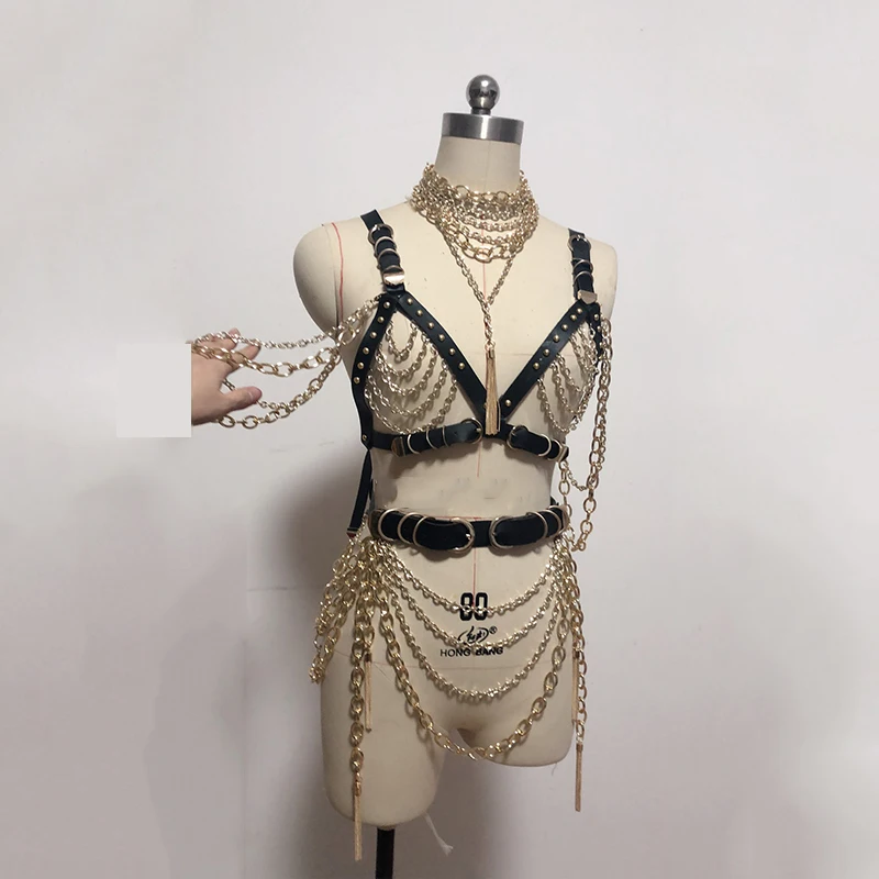 GoGo Dancer Costume Punk Style Chain Leather Rivet Chain Tassel Pendant Body Chain To Customize Special Stage Costume