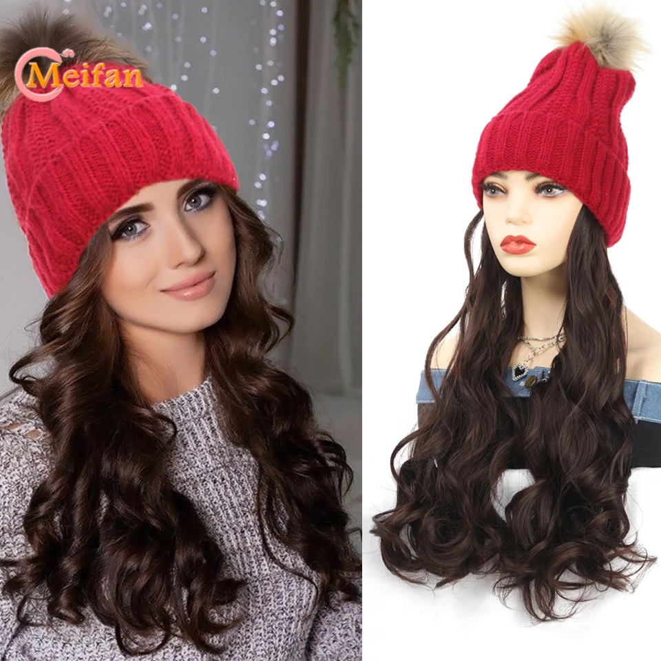 

MEIFAN Red Hat Wig for Women Knit Warm Wavy Curly Long Hairpieces Synthetic Natural Fake Hair with Hat Integrated Wig