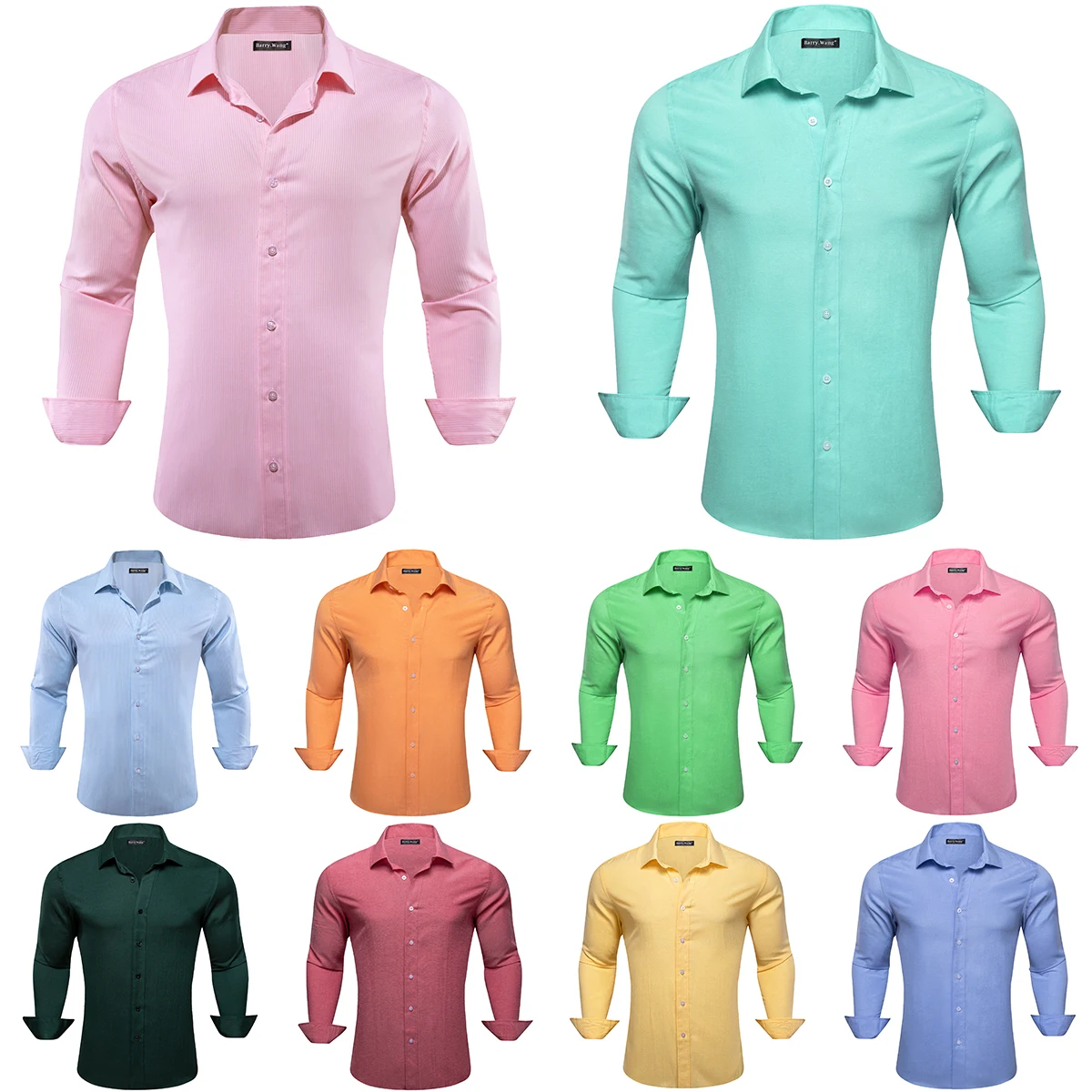 Designer Cotton Shirts for Men Solid Blue Green Pink Yellow Black Plain Slim Fit Male Blouses Casual Tops Barry Wang