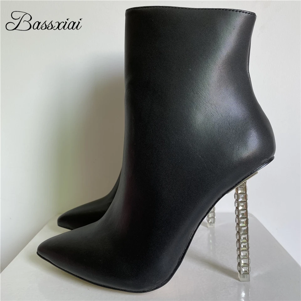 

Diamond Embellished High Heel Modern Boots Women Genuine Leather Side Zip Sexy Pointed Toe Short Booties Winter 2024