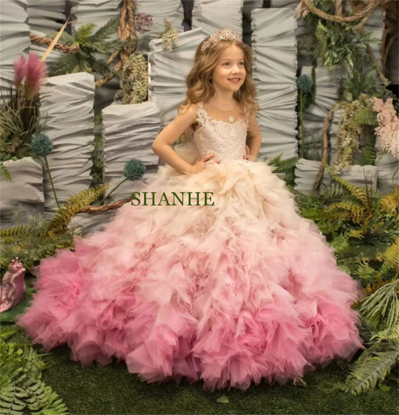 CustomizedLuxury Gradient Flower Girl Dresses Beaded Ruffles Jewel Neck Girls Pageant Dress Little Kids First Communion Dress