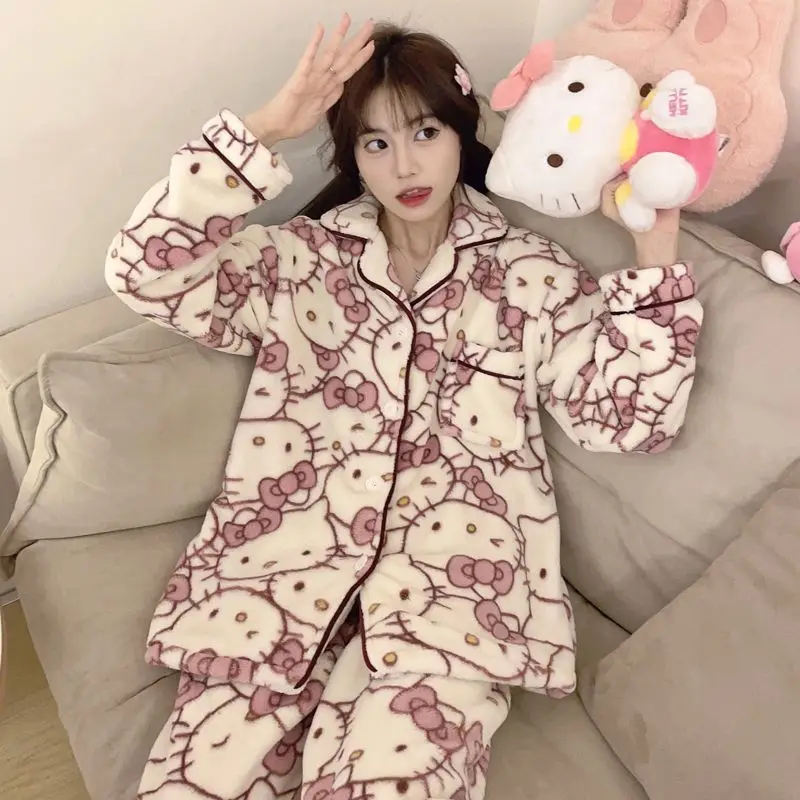 2Pcs Sanrioed Hello Kittys Coral Velvet Pajamas Women Autumn Winter Plush Cardigan Tops Trousers Sleepwear Set Y2K Cute Clothing