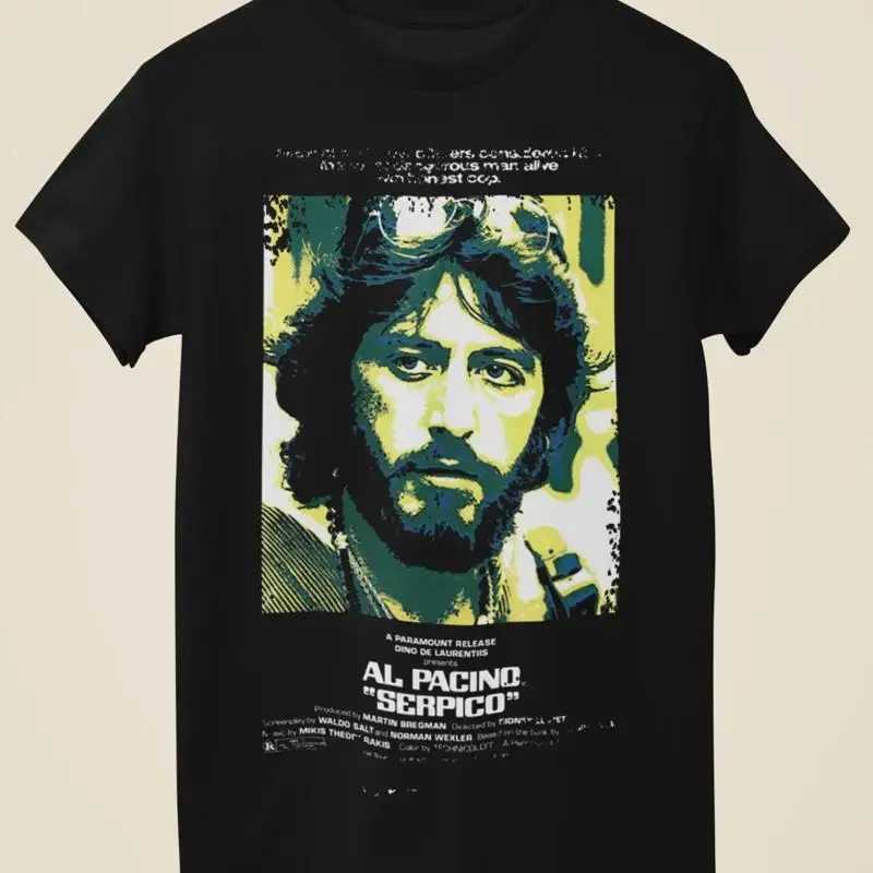 Camiseta negra unisex inspirada en el póster de la película Serpico