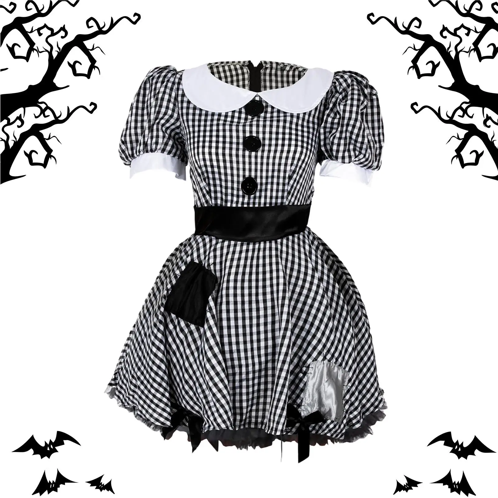 Kids Girls Horror Clown Cosplay Costume Lapel Puff Sleeves Buttons Decoration Plaid Layered Dress for Halloween Theme Dress Up