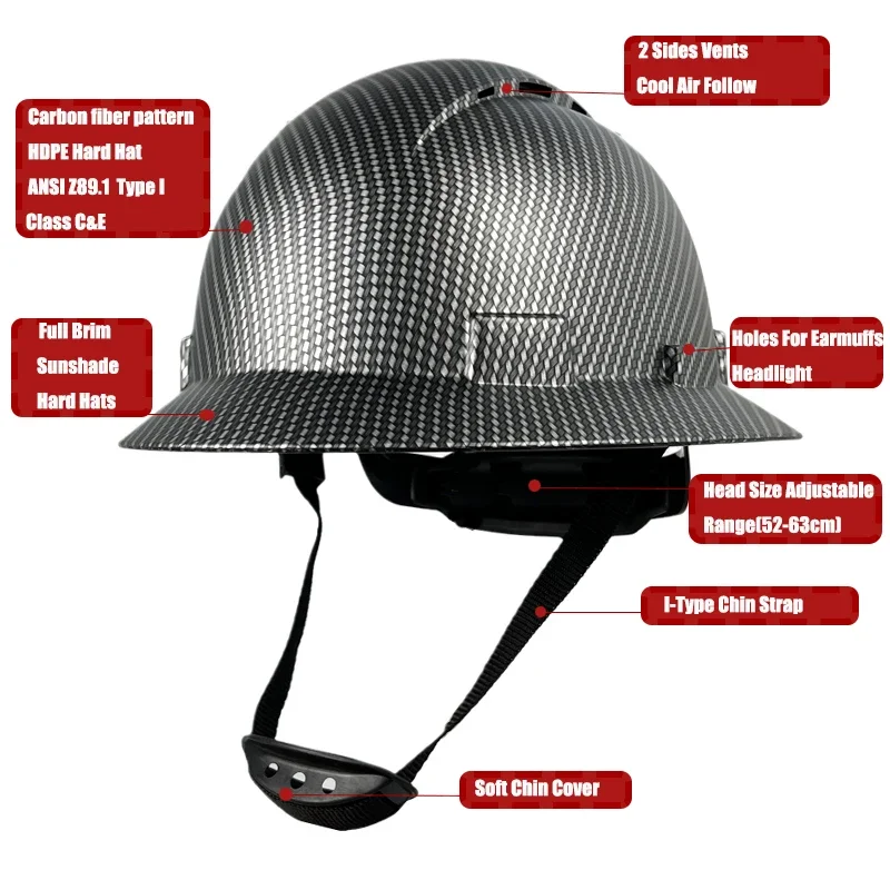 Full Brim Hard Hat For Engineer Construction Work Cap For Men ANSI Approved HDPE Safety Helmet with 6 Point Adjustable