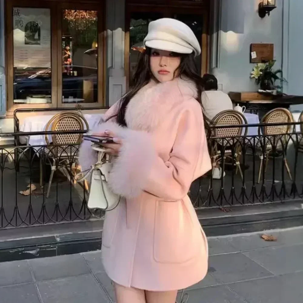 2025 خريف شتاء موضة جديدة معطف الفرو كريمة الثعلب الفراء طوق سترة الإناث على الوجهين معطف الصوف معطف من قماش الكشمير النساء #1